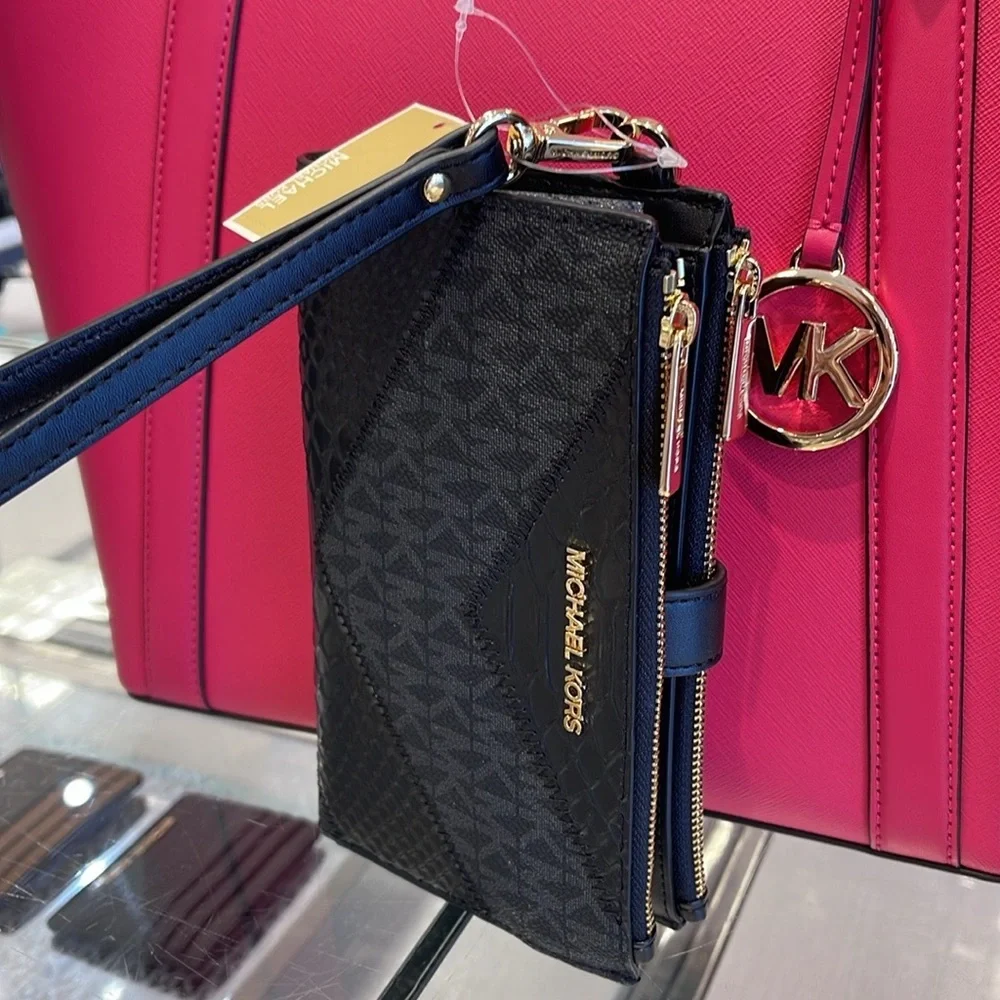 MICHAEL KORS JST LG DOUBLE ZIP WRISTLET WALLET PHONE HOLDER BLACK MULTI NWT